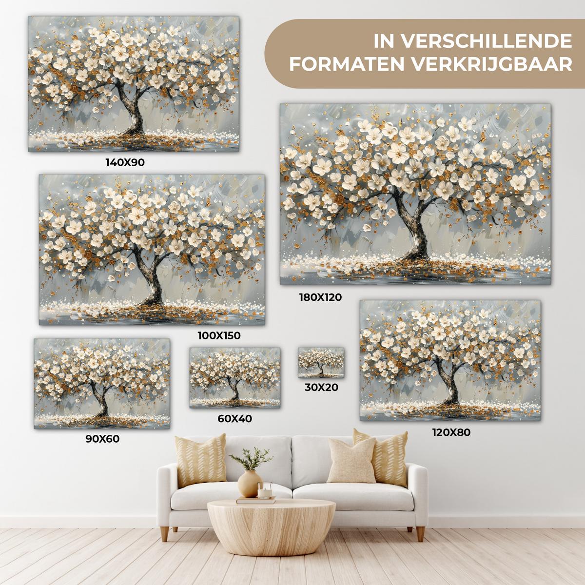 LEINWANDBILD Baum - Blumen - Weiß - Natur - Kunst Gemälde 60x40 cm - Weiß, Textil (60/40cm) - MuchoWow