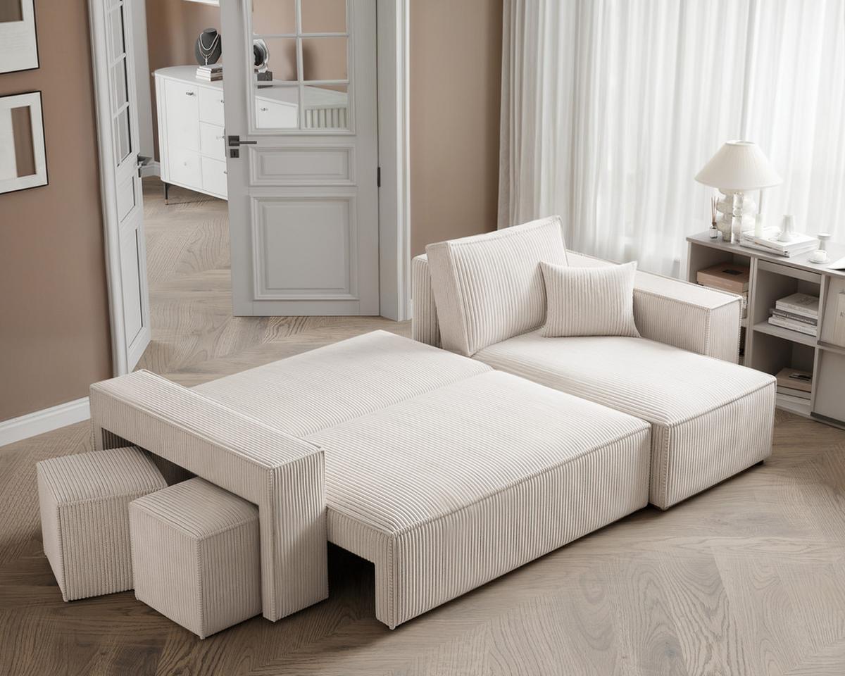 ECKSOFA PARIS mit Schlaffunktion und Bettkasten Creme - Ecru, Kunststoff/Textil (262/145cm) - Idohome