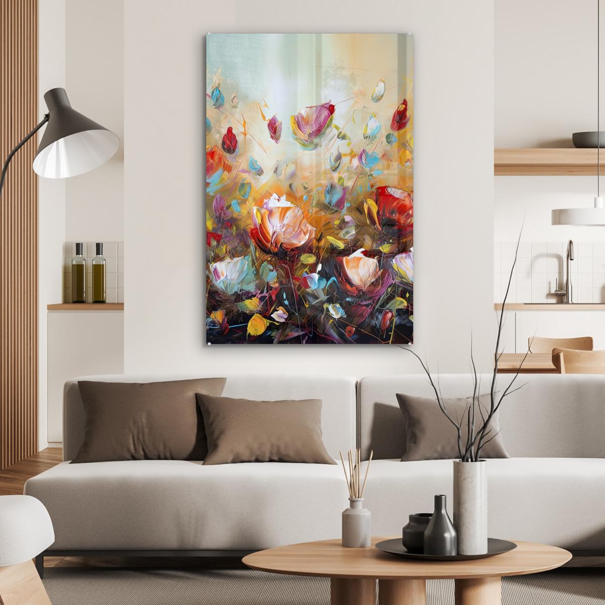 ACRYLGLASBILD Blumen - Kunst - Natur - Ölgemälde 80x120 cm - Multicolor, Glas (80/120cm) - MuchoWow