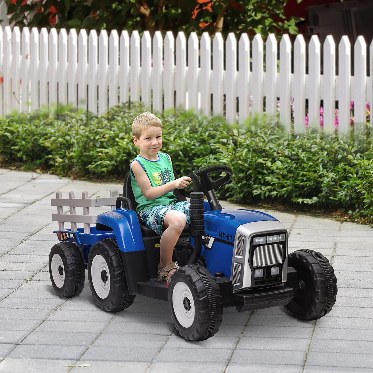 ELEKTRISCHER Traktor Kinder Aufsitztraktor mit MP3 Funktion, 3-6KM/H, Blau - Blau, Metall (136.5/50/52.5cm) - HOMCOM