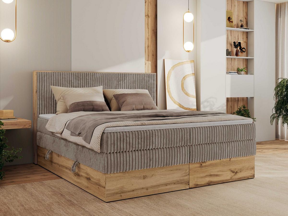 BOXBETT WOOD CLASSIC KING 200/200 - Hellbraun Cord - H3 - Hellbraun, Textil (200/200cm) - MKS