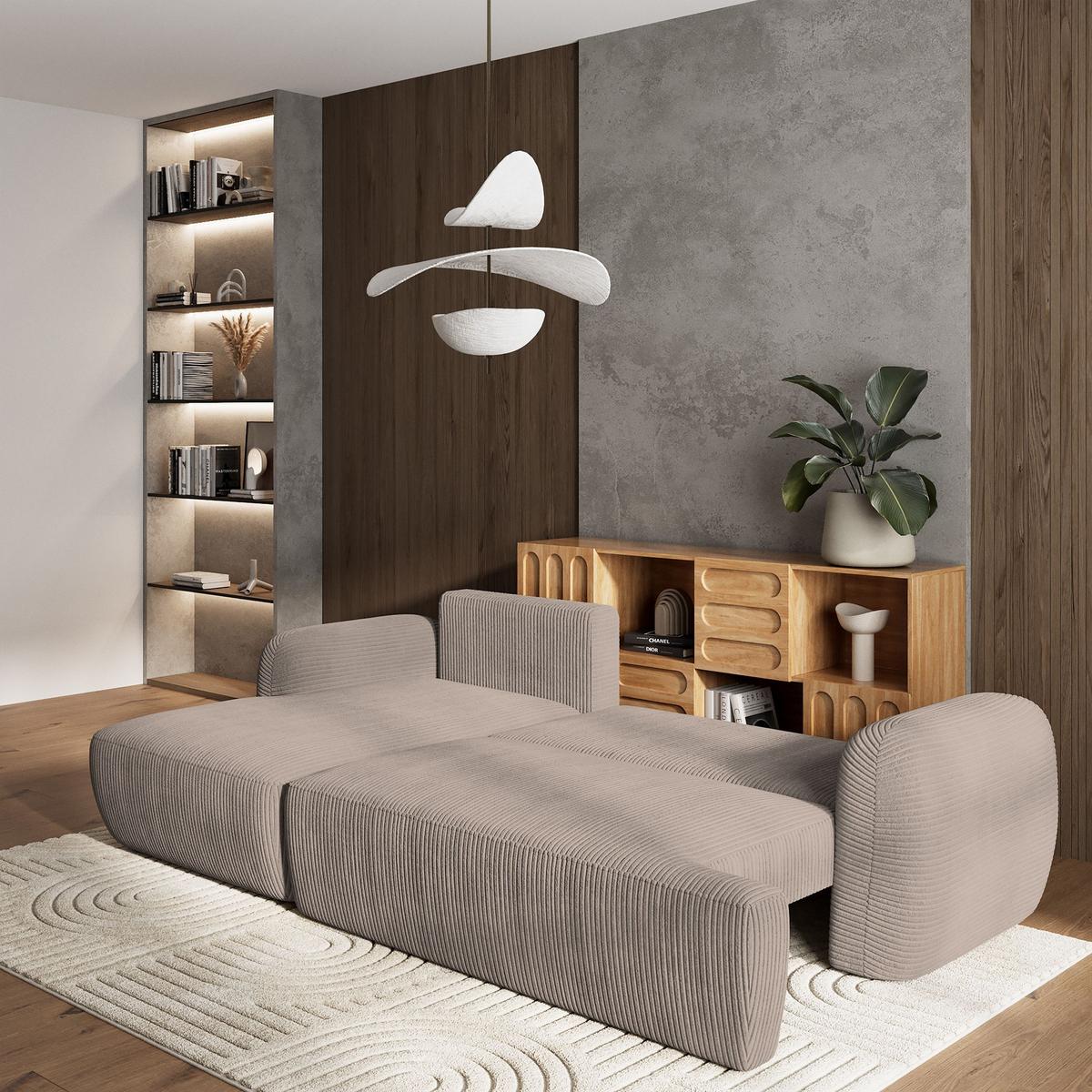 ECKSOFA MODENZA P L-S Beige Kordstoff mit Schlaffunktion - Beige/Schwarz, Holz/Kunststoff (266/148cm) - MASSENO