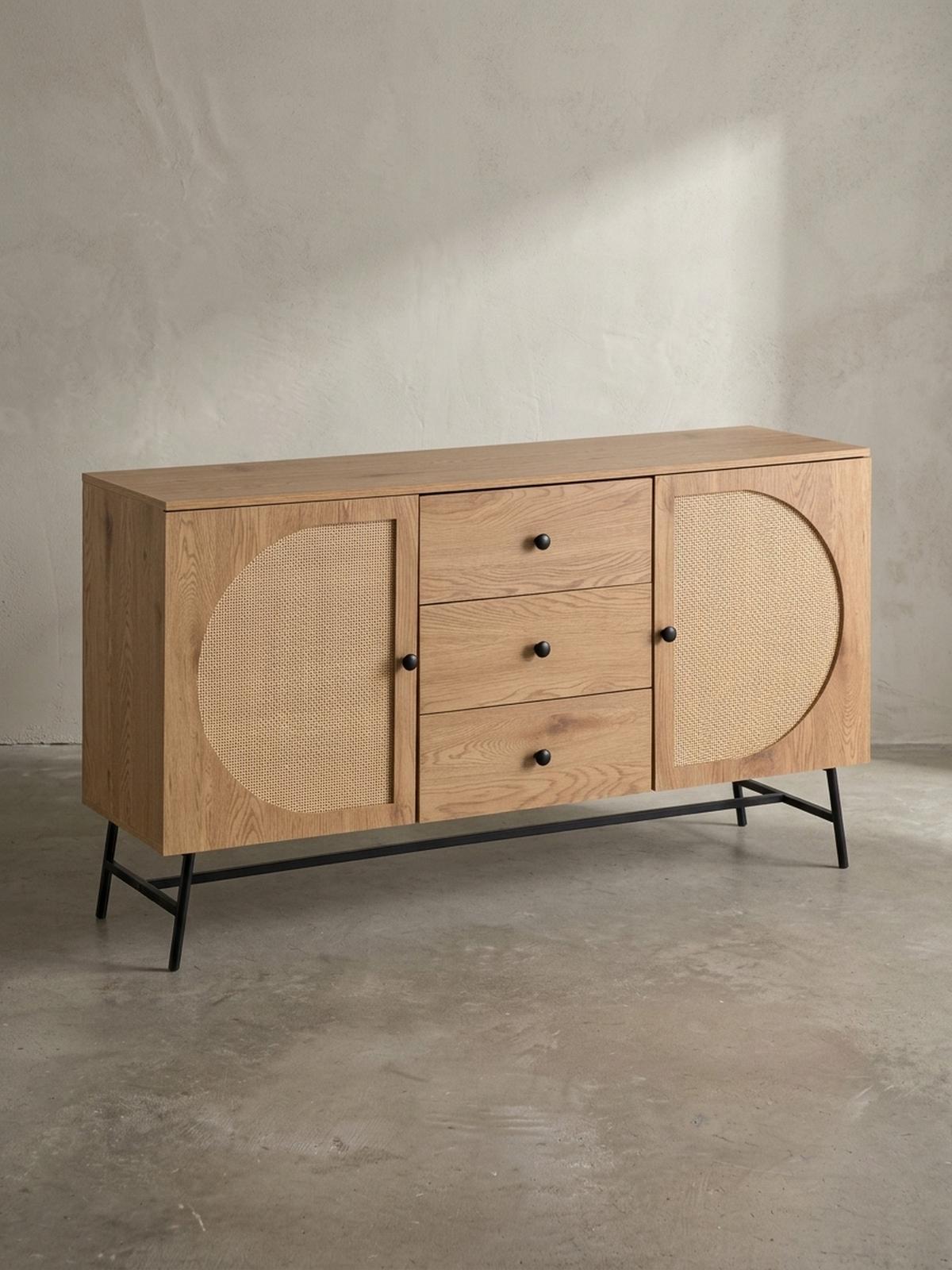 SIDEBOARD – Eiche-Dekor/Rattan, 140x80x40 cm, 2 Türen, 3 Schubladen, hoch - Schwarz/Braun, Holzwerkstoff/Metall (140/80/40cm) - KADIMA DESIGN