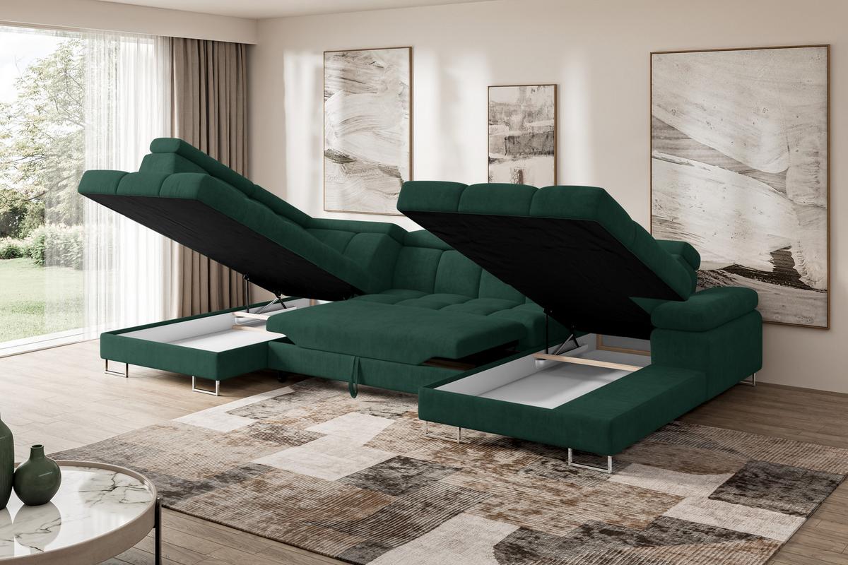 WOHNLANDSCHAFT mit Schlaffunktion und Bettkasten Ottomane Links COMA U 345x203x79 Grün Velours - Grün, Holzwerkstoff/Textil (345/79/203cm) - ALTDECOR