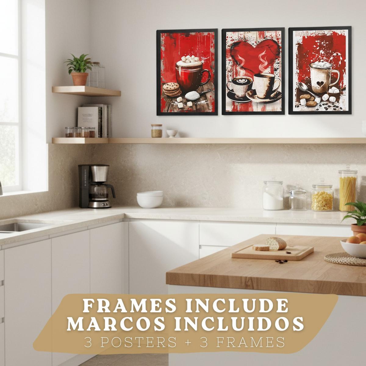 POSTER 3er Set Schokolade und Kaffee Wandbilder Marshmallows Zuckerstange Rote Pop Art Küche Wanddeko Rahmenlos A3 - Schwarz, Papier (29.7/1/42cm) - Nacnic