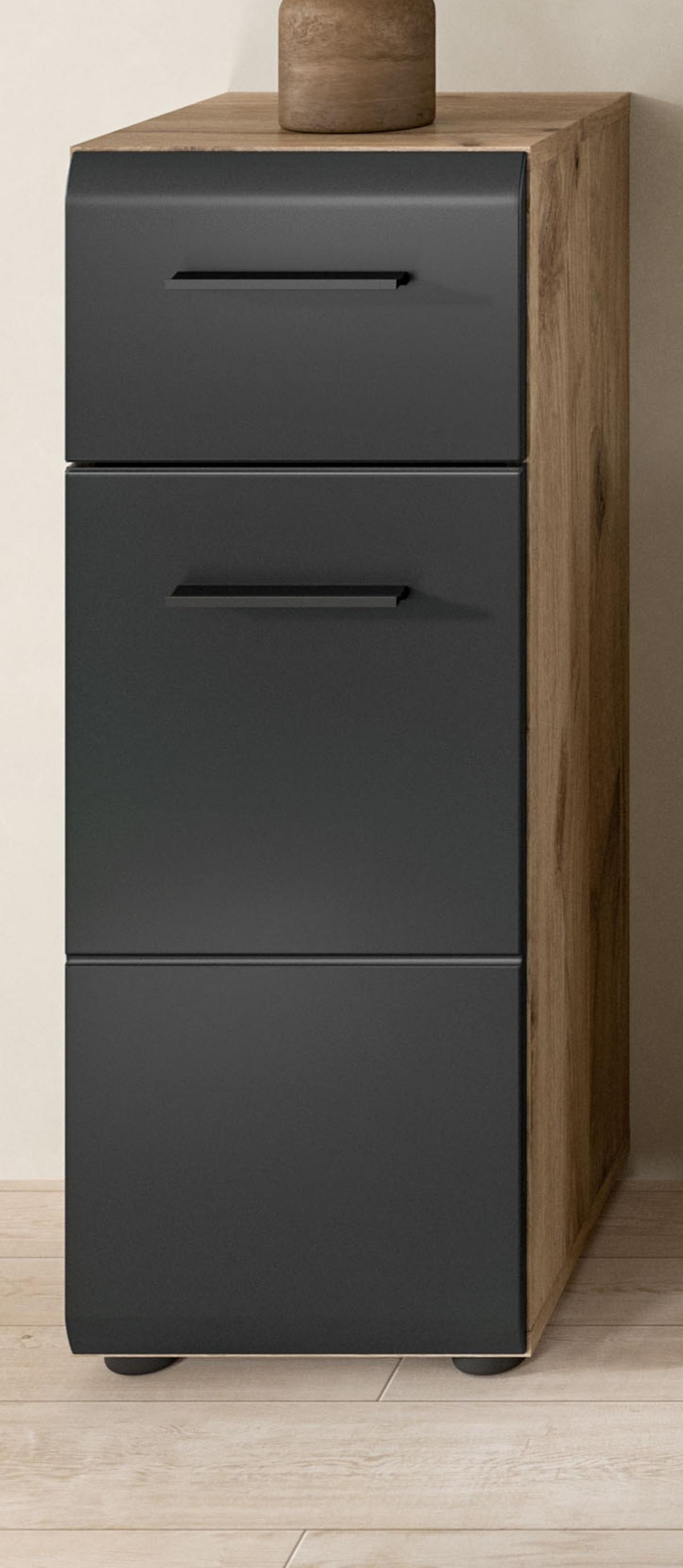 MIDISCHRANK schwarz matt, Eiche Nox, Bad Kommode 30 x 80 cm mit Vollauszug - Eichefarben/Schwarz, Holzwerkstoff/Kunststoff (30/80/30cm) - Inn.Furn