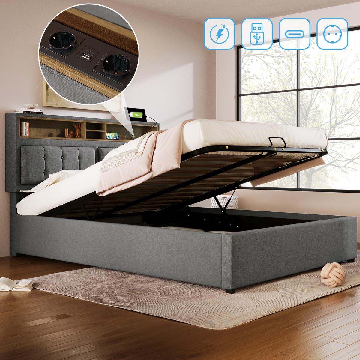 POLSTERBETT Grau 160x200cm mit Stauraum & USB-Anschluss - Grau, Holzwerkstoff/Textil (160/200cm) - Urban Meuble