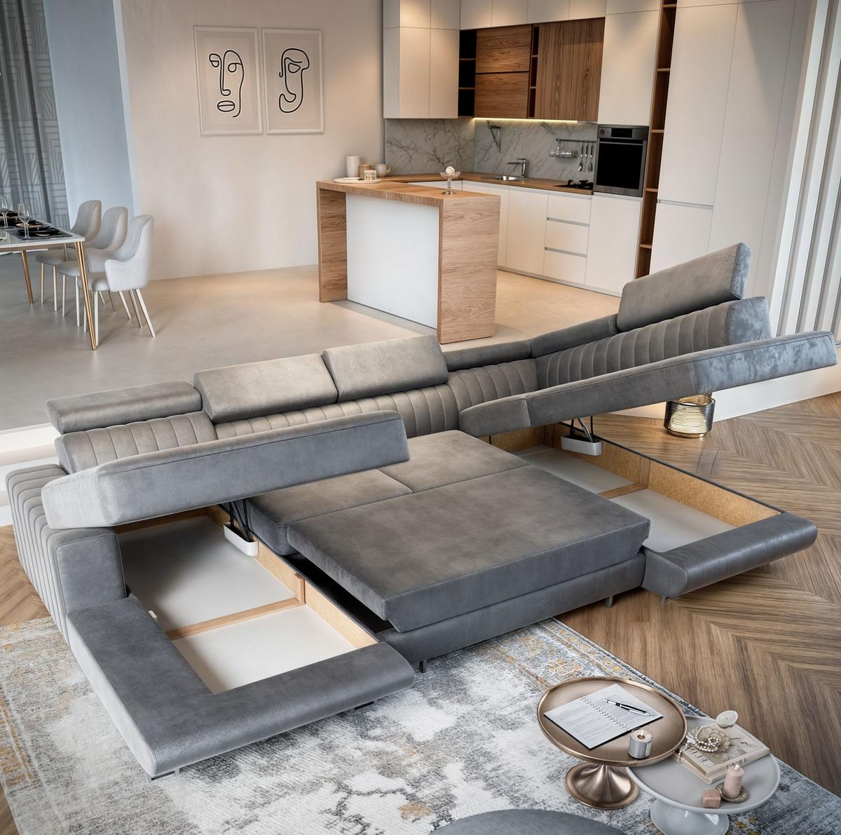 WOHNLANDSCHAFT SIENA R-S Braun Velours-Stoff mit Schlaffunktion - Silberfarben/Braun, Holz/Textil (335/89/190cm) - MASSENO
