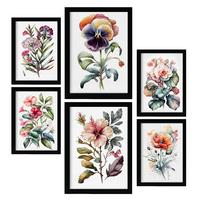 POSTER Set Mit 6 Dunkle Blumen Vollfarbige Natur Und Botanikdrucke Mit Blumenmotiven Auf Reinweißen Hintergründen A3 & A4 Schwarzer Rahmen - Schwarz, Papier (29/3cm) - Nacnic