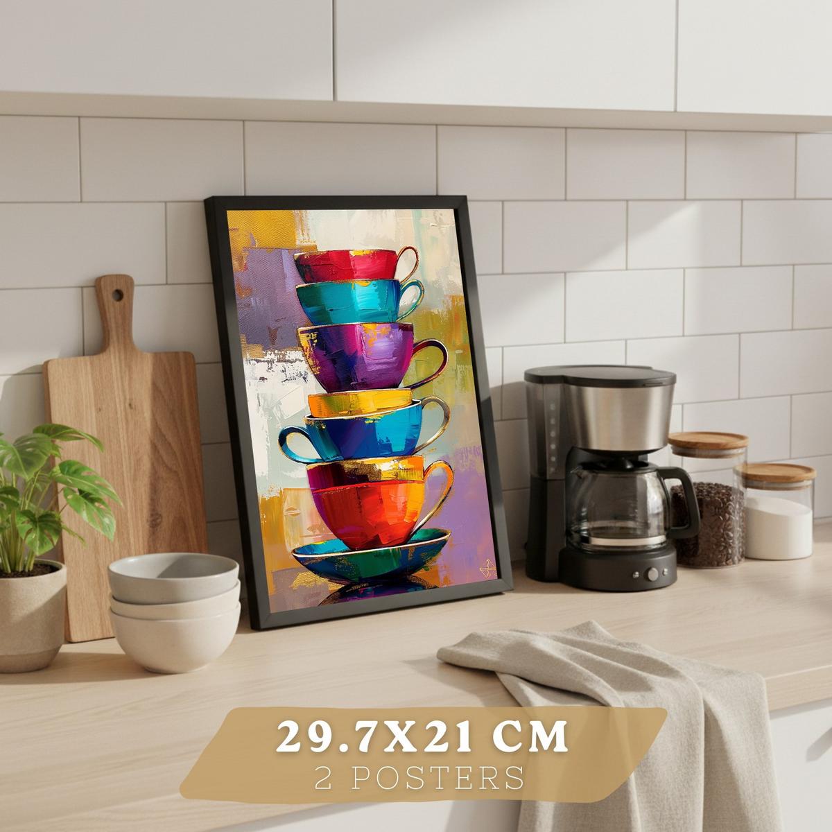POSTER 2er Set Küchen-Wandbilder Kaffeetassen und Espressomaschine Pop Art Bunt Esszimmer Wanddeko Rahmenlos A4 - Schwarz, Papier (29.7/1/21cm) - Nacnic