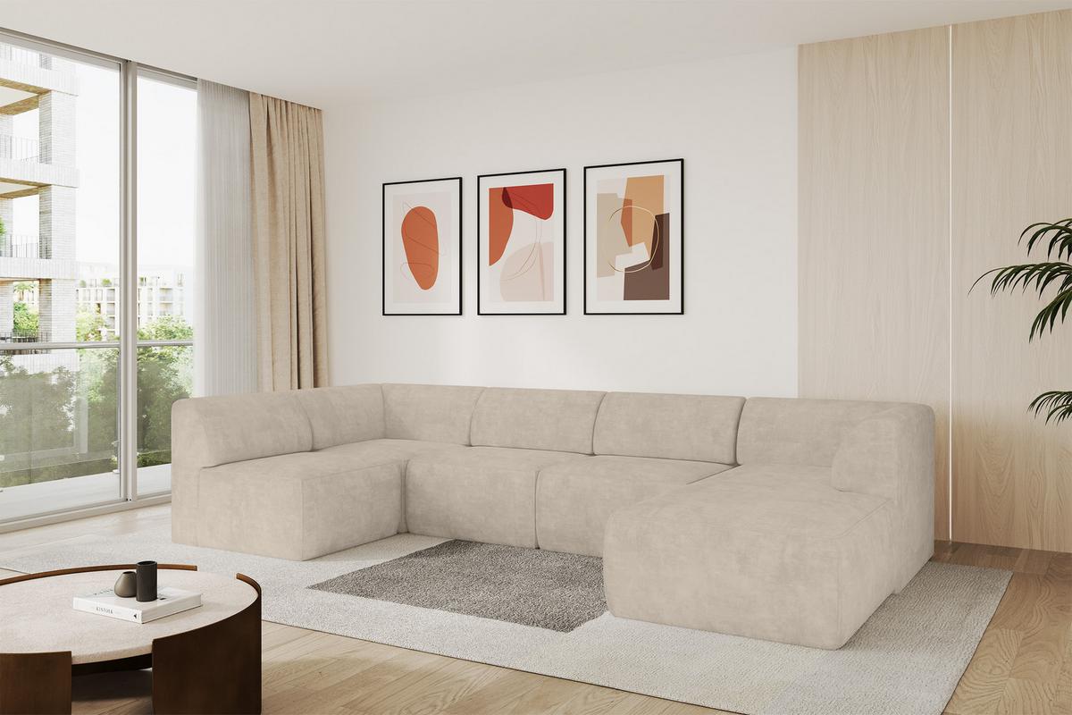 WOHNLANDSCHAFT Ottomane Rechts MOVO-L 345x180x78 cm Beige Velours - Mokka, Holzwerkstoff/Kunststoff (180/78/345cm) - ALTDECOR