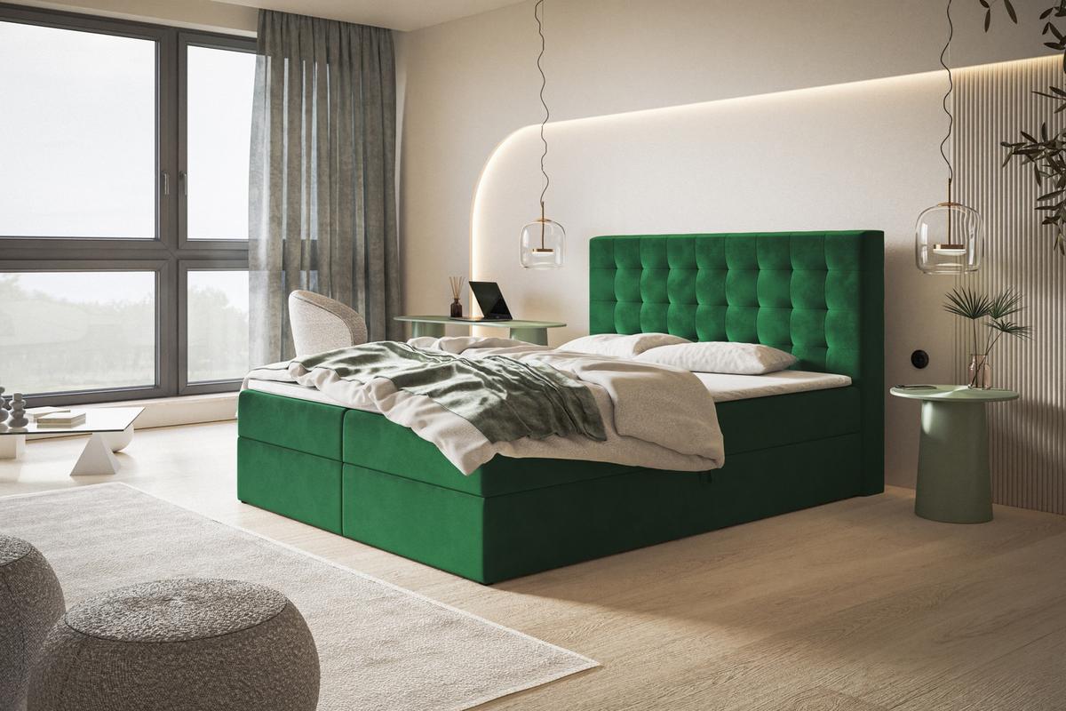 BOXBETT RIO mit 2 Bettkästen, 160x200, Farbe: Grün, Velourstoff, Doppelbett mit Bonell-Matratze - Grün, Holz/Kunststoff (160/200cm) - Alpi-Möbel