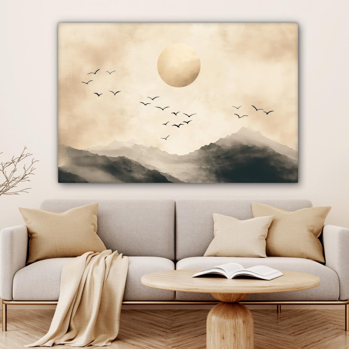 LEINWANDBILD Landschaft - Japandi - Vogel Wohnzimmer Groß 120x80 cm - Beige, Textil (120/80cm) - MuchoWow