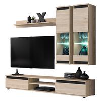 WOHNWAND Eiche Hickory, schwarz 4-teilig 175 cm, Schrankwand mit LED-Beleuchtung - Eichefarben/Schwarz, Glas/Holzwerkstoff (175/150/37cm) - Inn.Furn