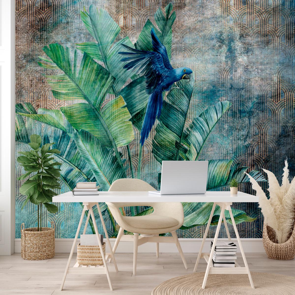 FOTOTAPETE für Wohnzimmer Retro Papuga Tropische Blätter 500x350 - Blau/Braun, Papier (500/350cm) - Muralo