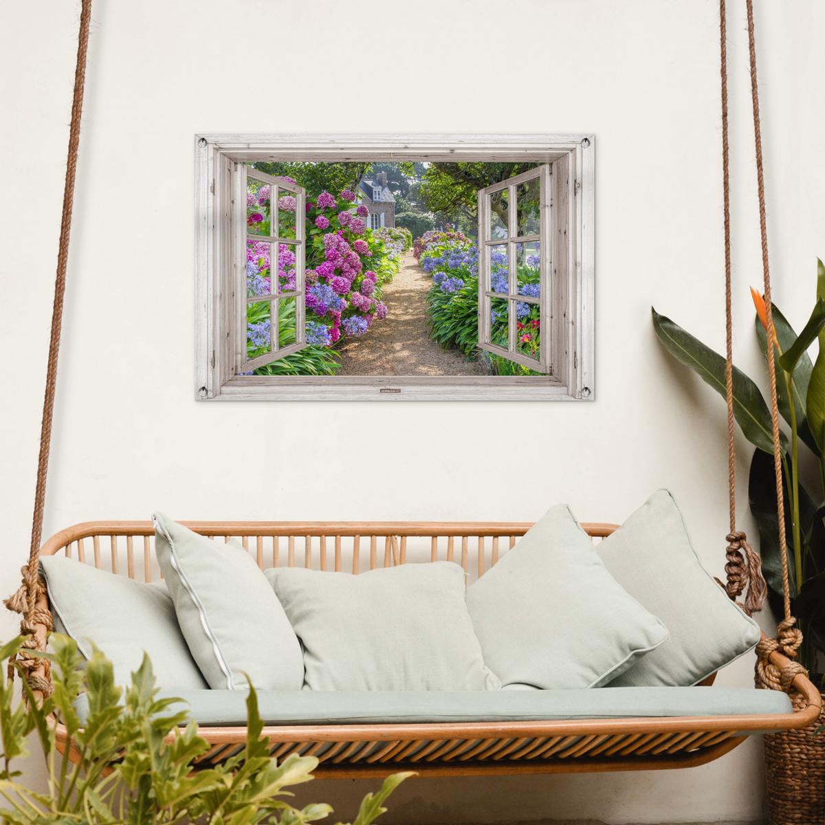 GARTENPOSTER Hortensie - Durchsichtig - Blumen - Sommer - Lila - Weg Gartendeko 90x60 cm - Grün, Kunststoff (90/60/0.2cm) - OnlyWow