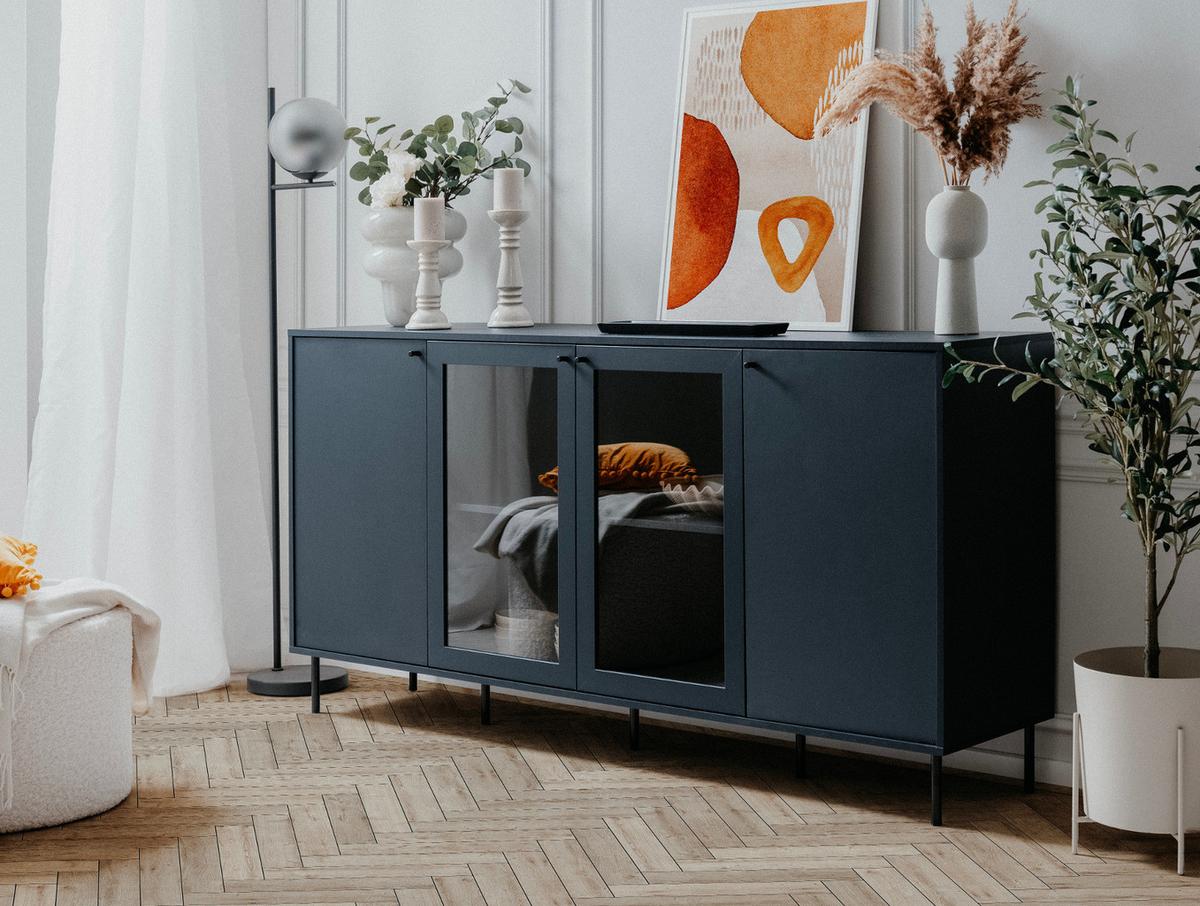 SIDEBOARD blau 180 cm, Kommode 4-türig mit viel Stauraum - Blau/Schwarz, Glas/Holzwerkstoff (180/90/40cm) - Furn.Design