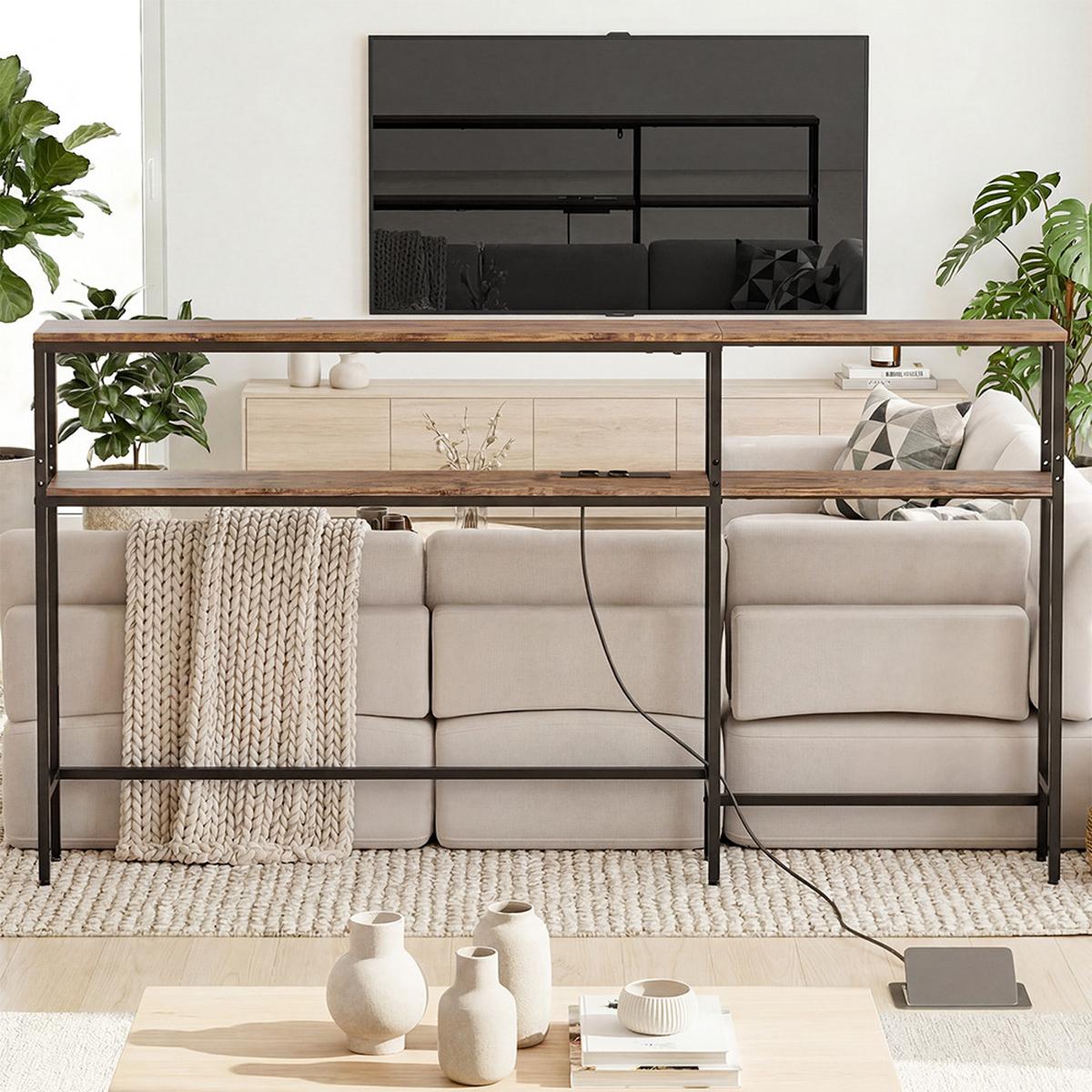 ECKKONSOLENTISCH mit integrierter Steckdose schmal 180x20x100 cm - Braun, Holzwerkstoff/Metall (80/120/101cm) - SoBuy