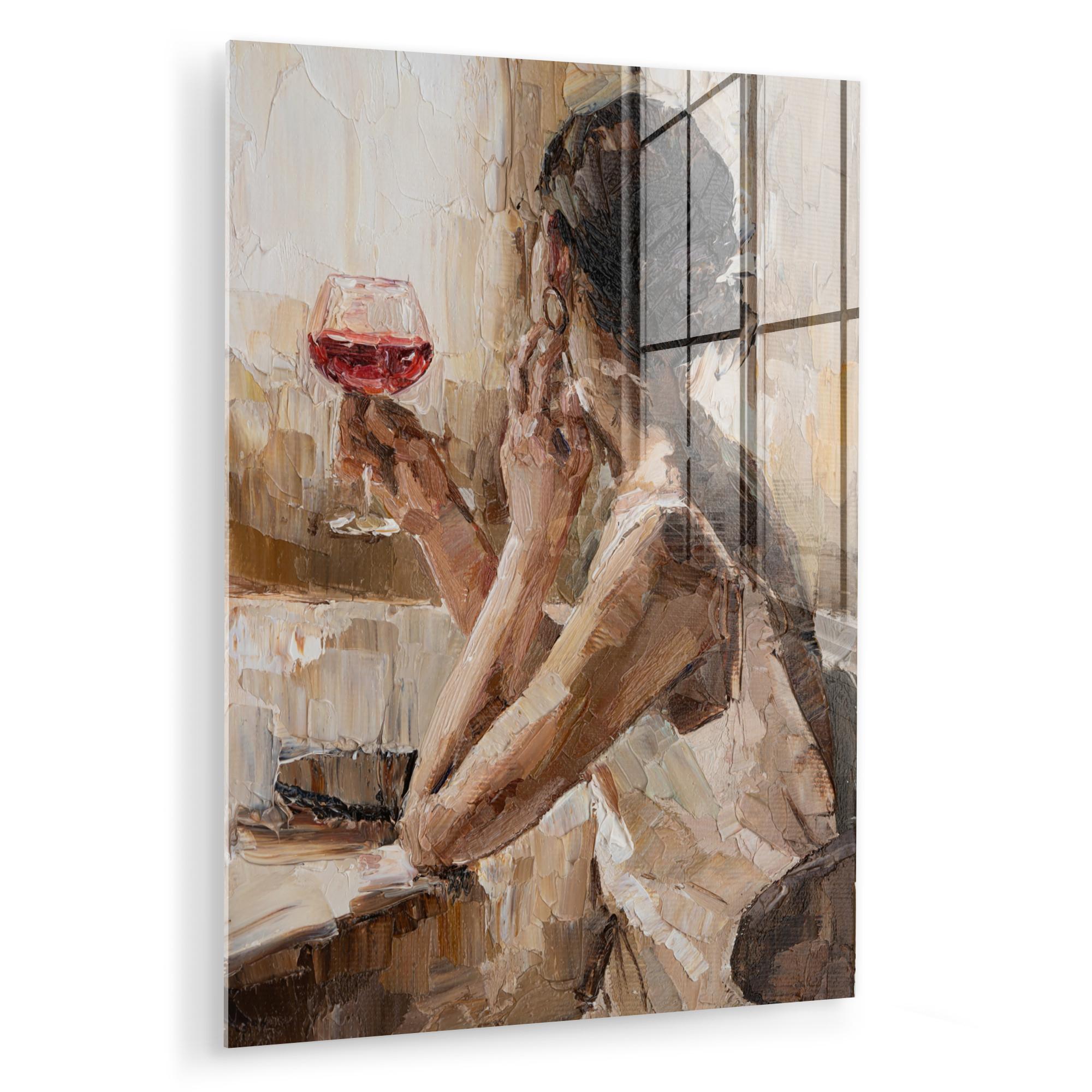 ACRYLGLASBILD Ölgemälde - Frau - Wein 60x80 cm - Hellbraun, Glas (60/80cm) - MuchoWow