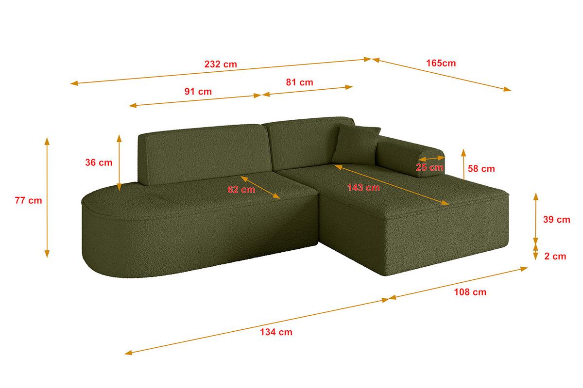 ECKSOFA Ottomane Rechts IREA-L1-v3 - 232x165x77 cm Grün - Platinfarben, Holzwerkstoff/Textil (232/165cm) - ALTDECOR