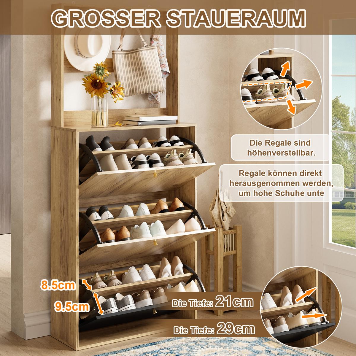 SCHUHSCHRANK mit schuhschrank, 3 klappfächer und garderobenhaken - Naturfarben, Holzwerkstoff (75/180/24cm) - Urban Meuble