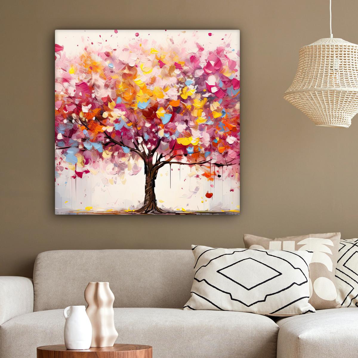 LEINWANDBILD Aquarell - Baum - Kunst - Abstrakt Deko Groß 90x90 cm - Rosa, Textil (90/90cm) - MuchoWow