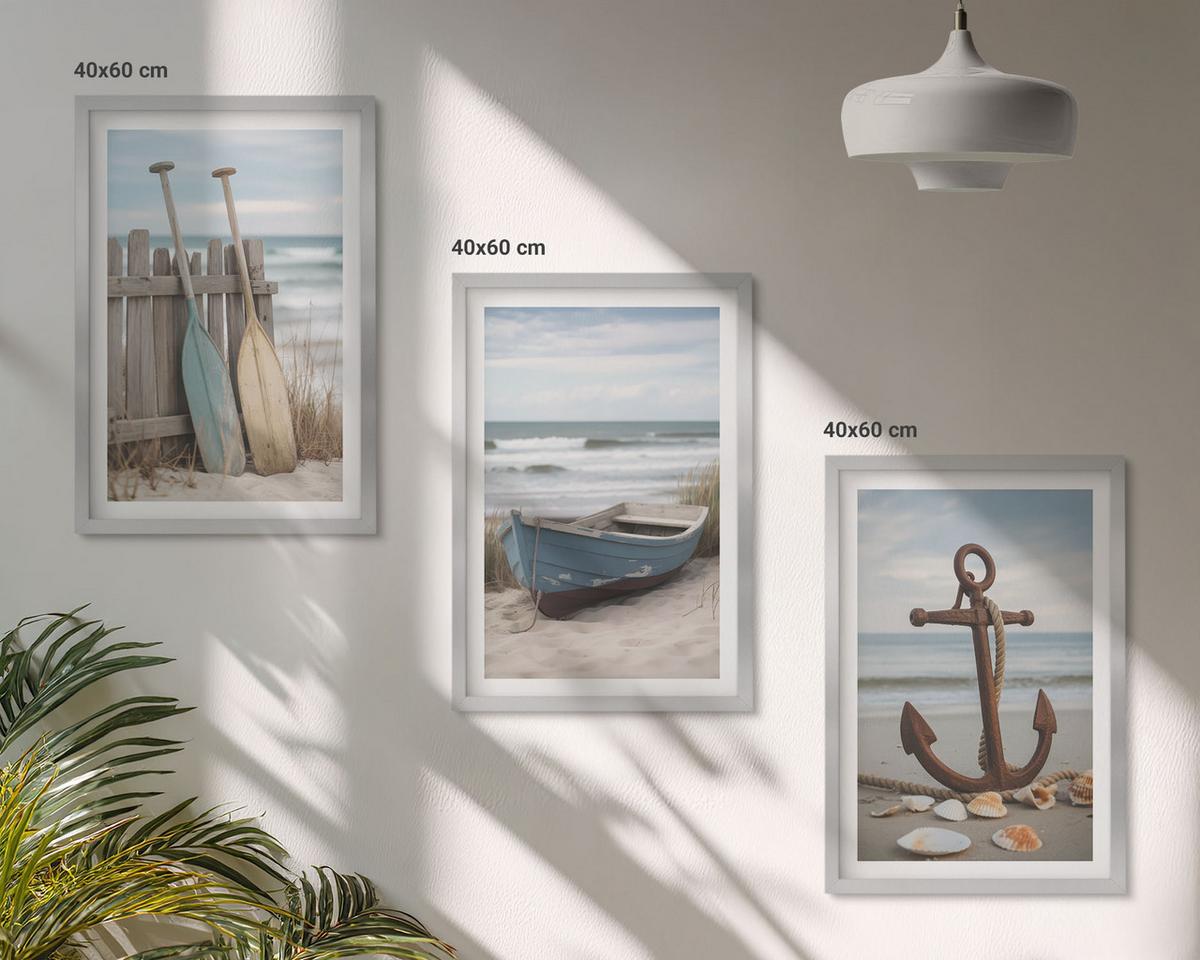 BILDER SET 3er Set - 40x60 cm Silberner Rahmen - Strandbootanker Sand - Silberfarben, Kunststoff (40/60cm) - TULUP