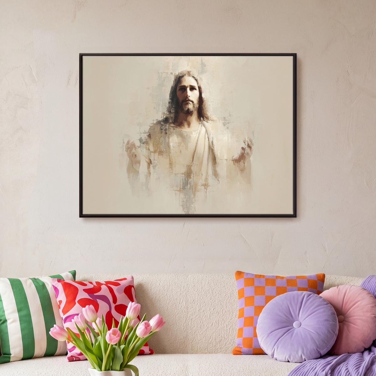 LEINWAND Bilder mit Rahmen - Porträt - Abstrakt - Jesus - Beige - 80x60 - Beige, Textil (80/60cm) - MuchoWow