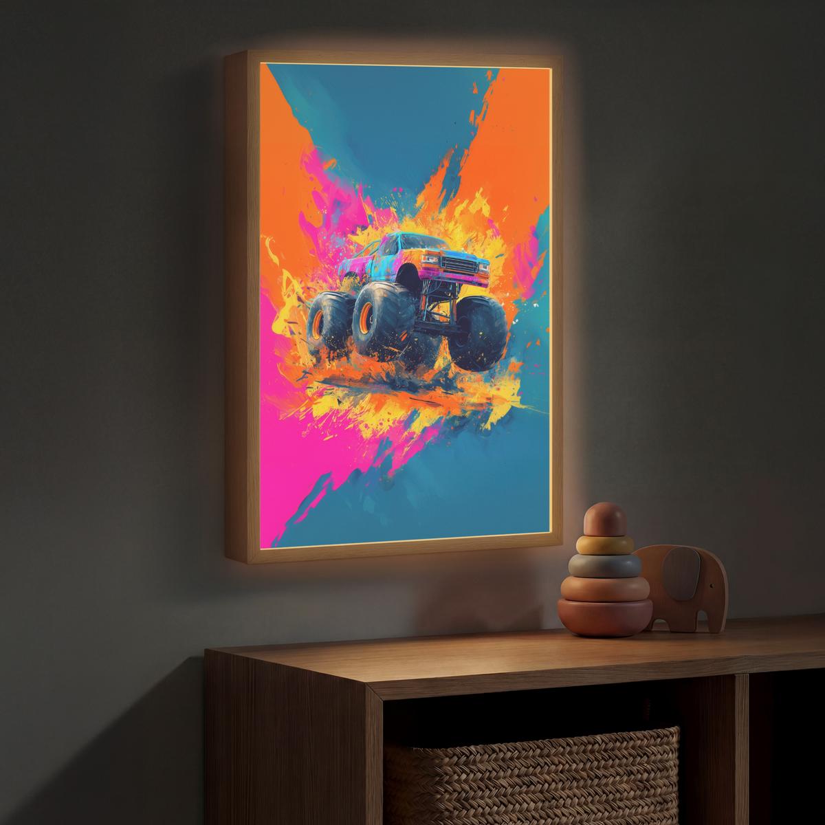 NACHTTISCHLAMPE MIT AKKU Monstertruck - Abstrakt - Farbspritzer - Farbenfroh 40x60 cm - Pink, Holzwerkstoff (8/40/60cm) - OnlyWow