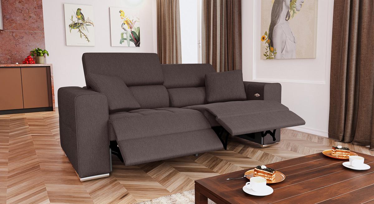 SOFA QUARTZ 3-Sitzer mit 2 Relaxfunktionen, dunkelbraun - Dunkelbraun/Silberfarben, Holzwerkstoff/Textil (204/80/102cm) - Wozimo