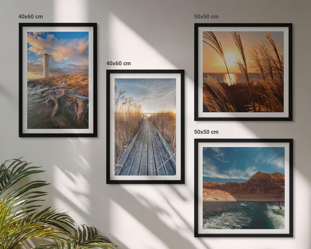 BILDER SET 4er Set - 50x50 cm & 40x60 cm Schwarzer Rahmen - Leuchtturm-Grassteg - Schwarz, Kunststoff (50/50cm) - TULUP