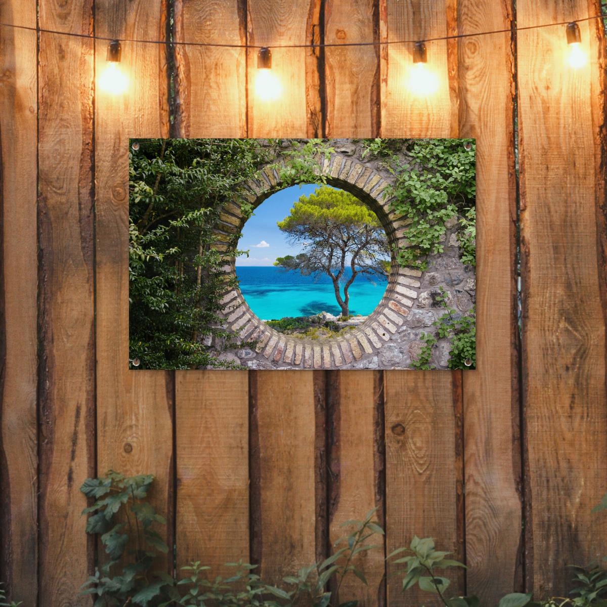 GARTENPOSTER Meer - Baum - Tropisch - Ausblick Gartendeko 90x60 cm - Graubraun, Kunststoff (90/60/0.2cm) - OnlyWow