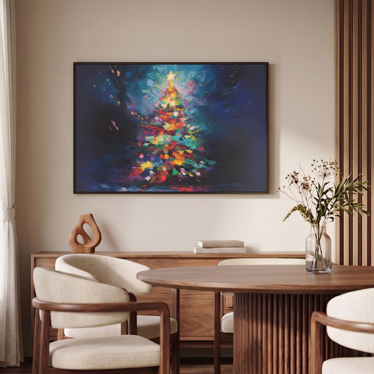 LEINWAND Bilder mit Rahmen - Weihnachtsbaum - Weihnachten - Abstrakt - Farbenfroh - 90x60 - Multicolor, Textil (90/60cm) - MuchoWow