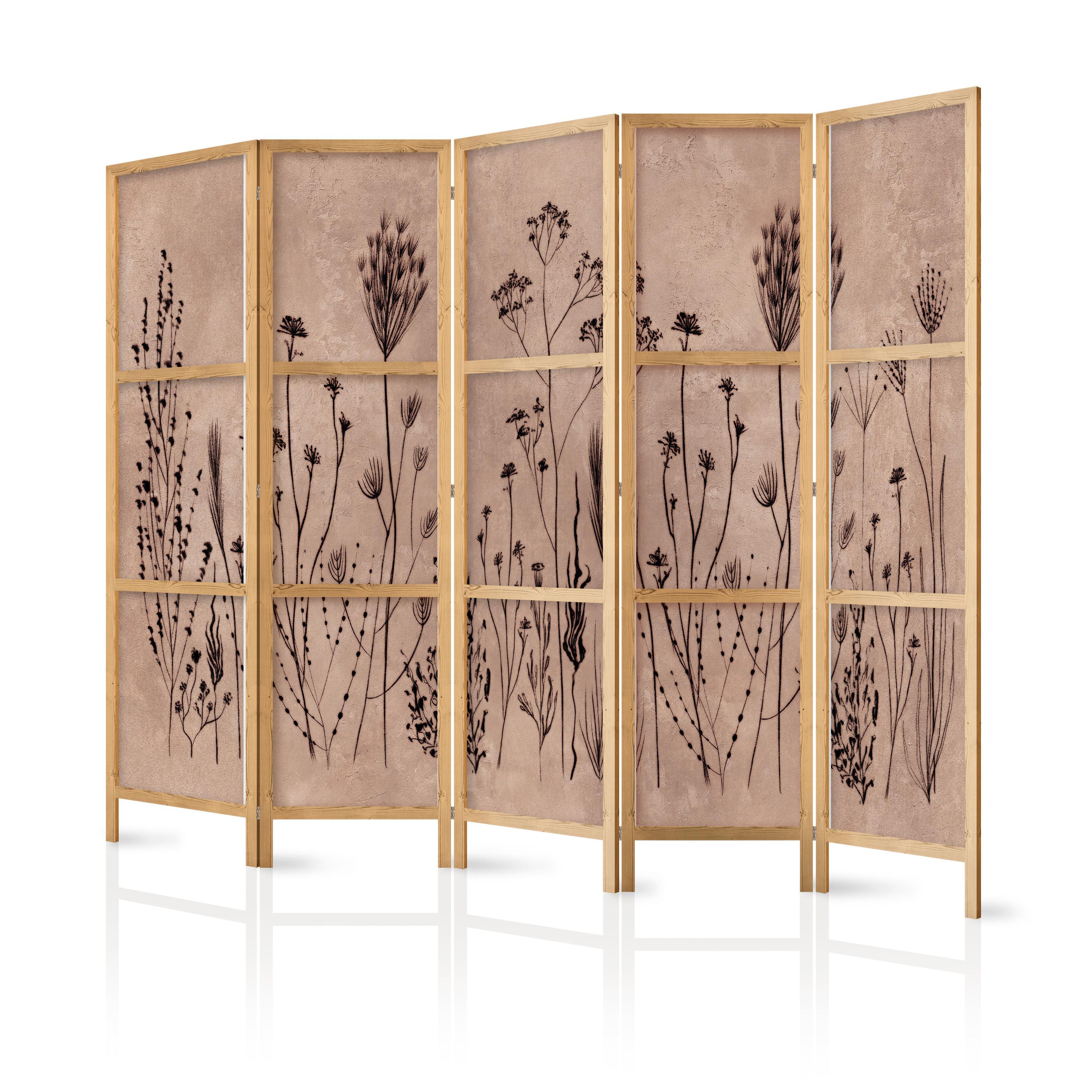 PARAVENT Japanischer 5-tlg 225x172 cm Retro Pflanzen - Beige, Holz/Textil (225/172/3cm) - Muralo