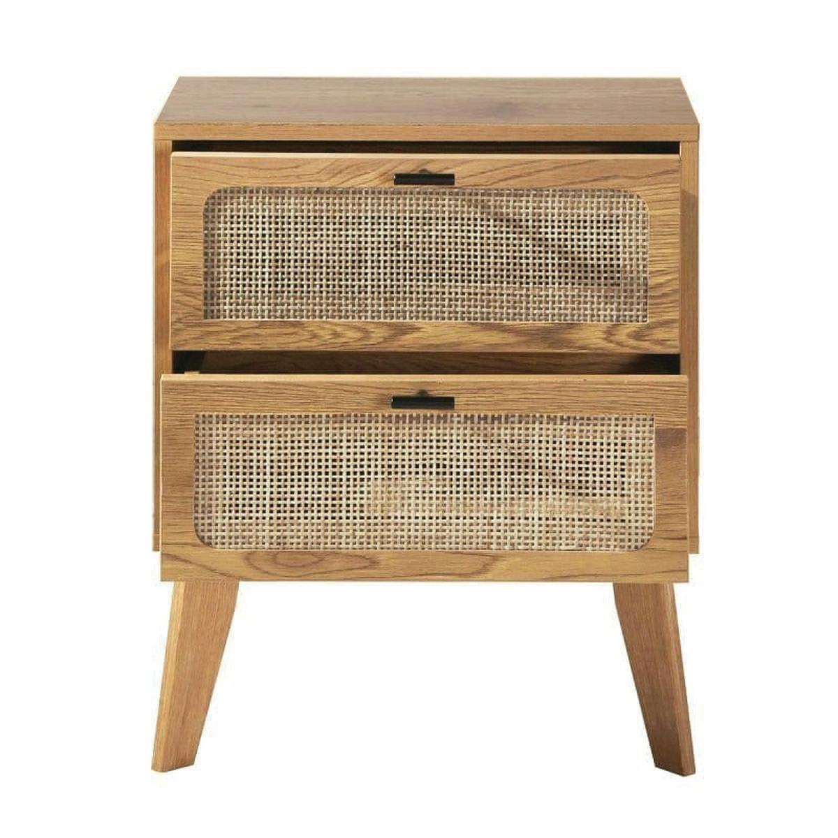 NACHTTISCH mit 2 schubladenrattanfronten und holzdekorbeinen alia 45/29/56 cm - Eschefarben, Holzwerkstoff (45/56/29cm) - Calicosy