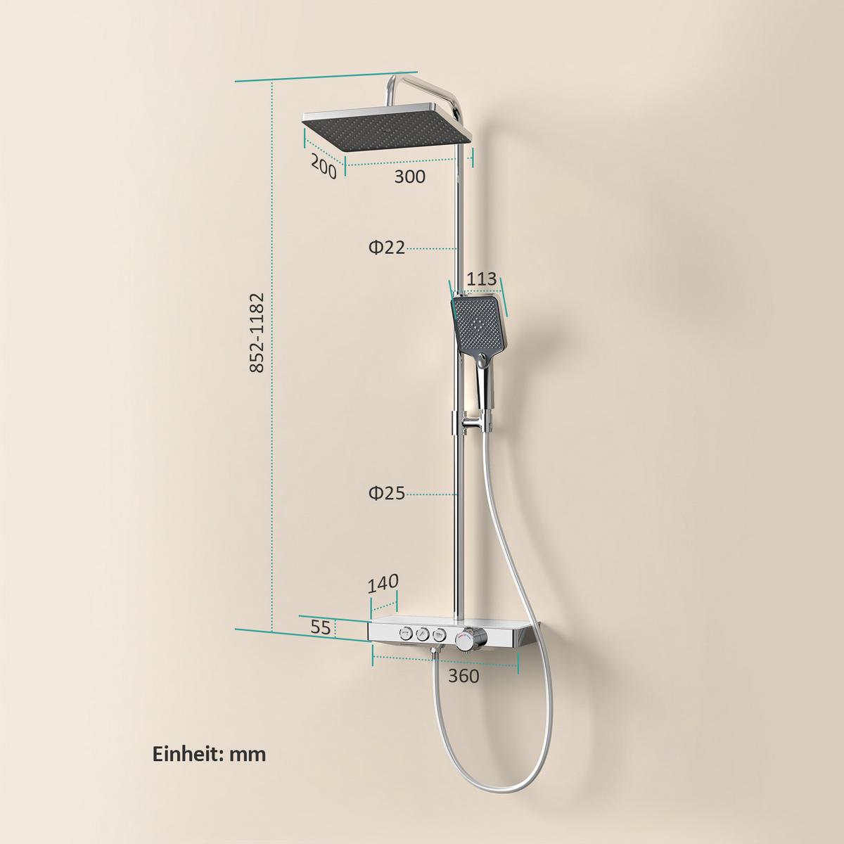 ÜBERKOPFBRAUSESET mit Thermostat höhenverstellbar Chrom 112,7/46 cm - Chromfarben, Metall (36/118/46cm) - EMKE