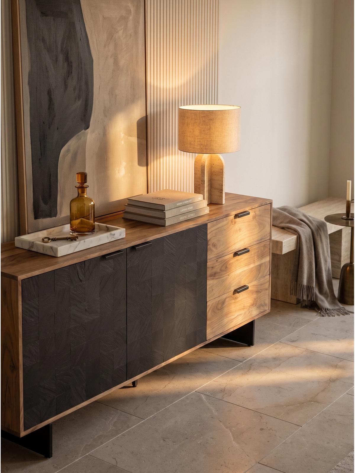 KOMMODE MONTEFALCO, Akazie Massivholz, Akazie-Schwarz, 175 x 40 x 76 cm - Schwarz/Akaziefarben, Holz/Metall (175/76/40cm) - KADIMA DESIGN