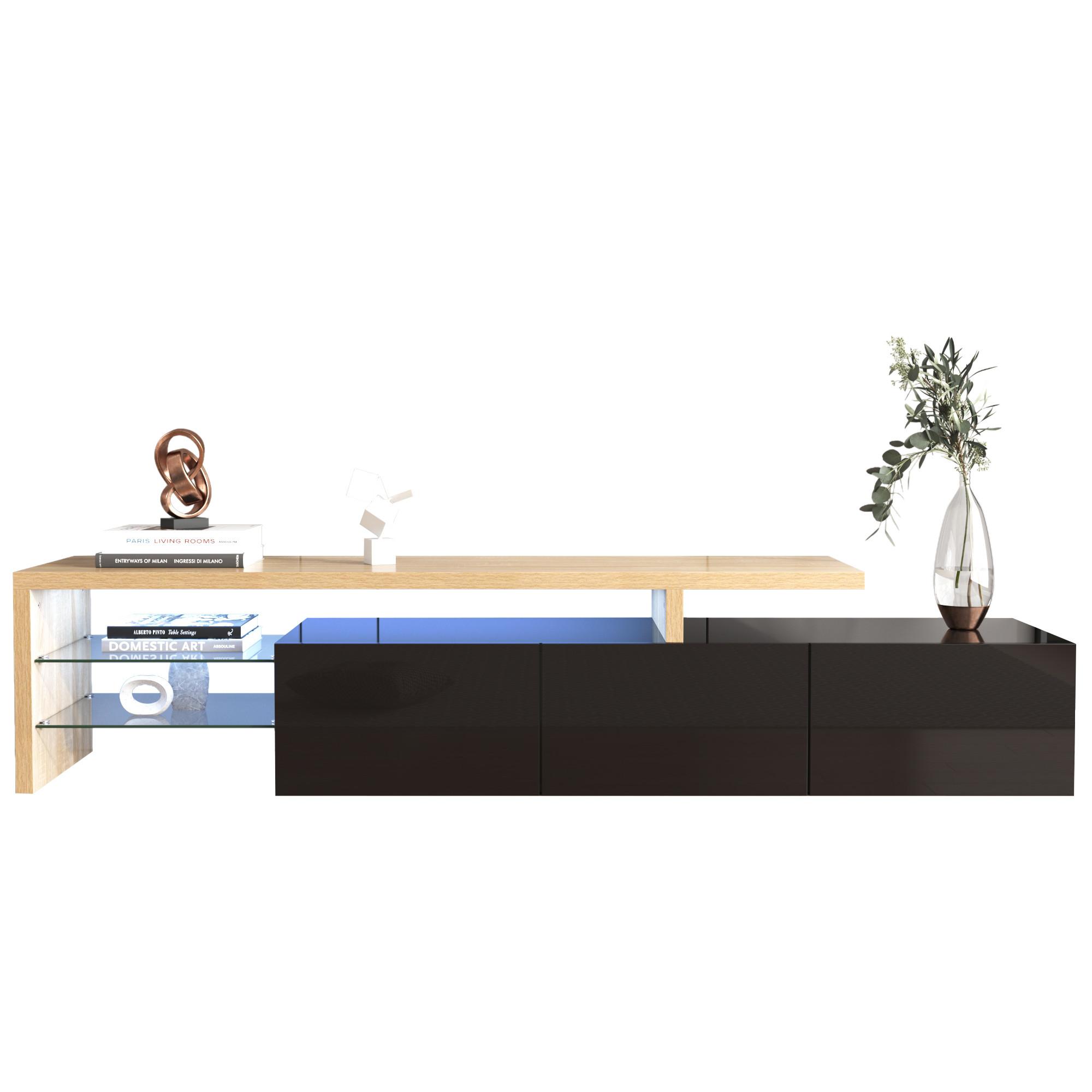 LOWBOARD mit LED-Beleuchtung, 3 Schubladen und Offene Fächer - Schwarz, Glas/Holzwerkstoff (197/42/39cm) - Urban Meuble