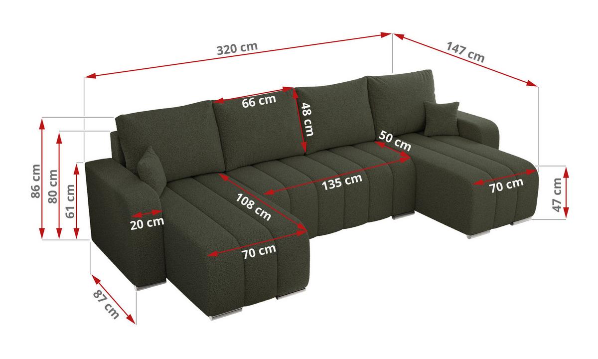 WOHNLANDSCHAFT KIRASSO U Grün Boucle - Grau/Grün, Textil/Metall (320/86/147cm) - MKS