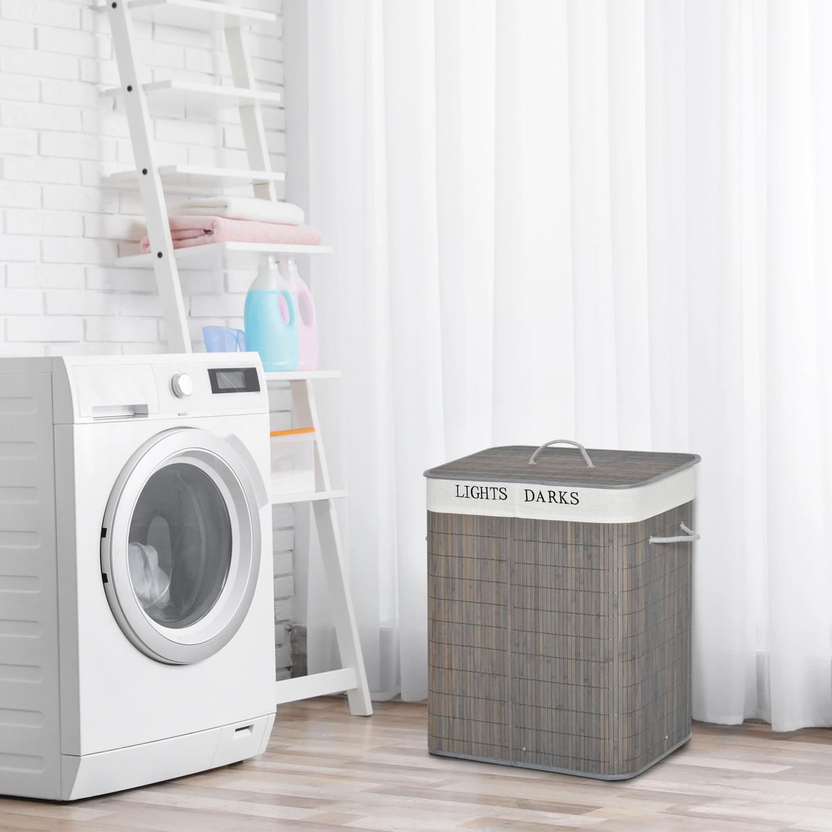 WÄSCHEKORB schmal mit Deckel 100L, Badezimmer, Bambus, Grau - Grau, Naturmaterialien (32/63/52cm) - HOMCOM