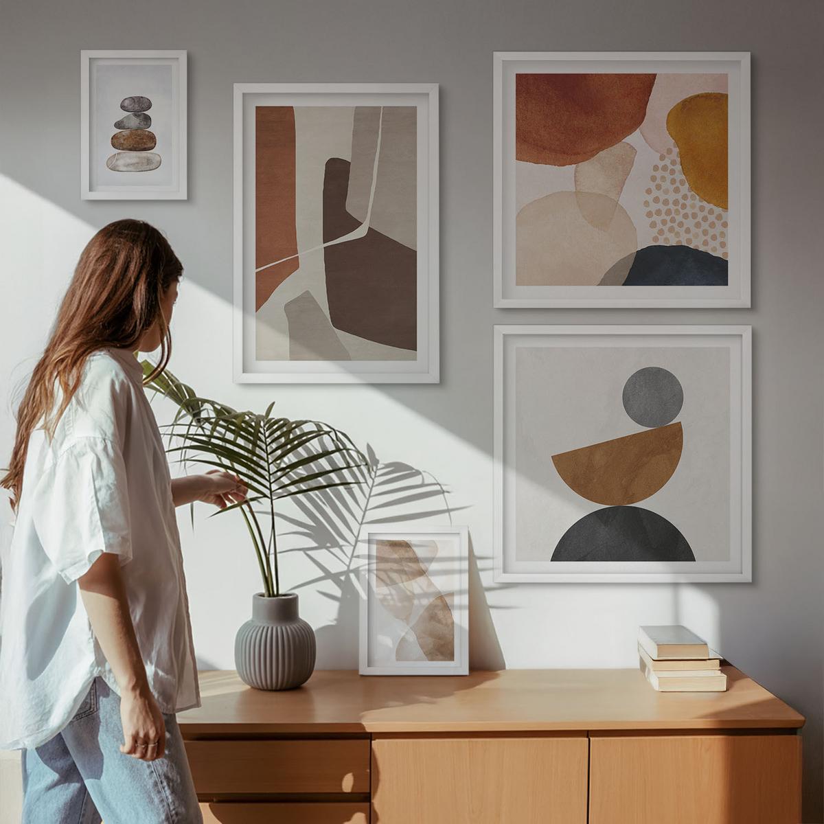 BILDER SET 5er Set - 50x50 cm & 20x30 cm & 40x60 cm Weißer Rahmen - Abstrakte Malerei Dekorationen - Weiß, Kunststoff (40/60cm) - TULUP