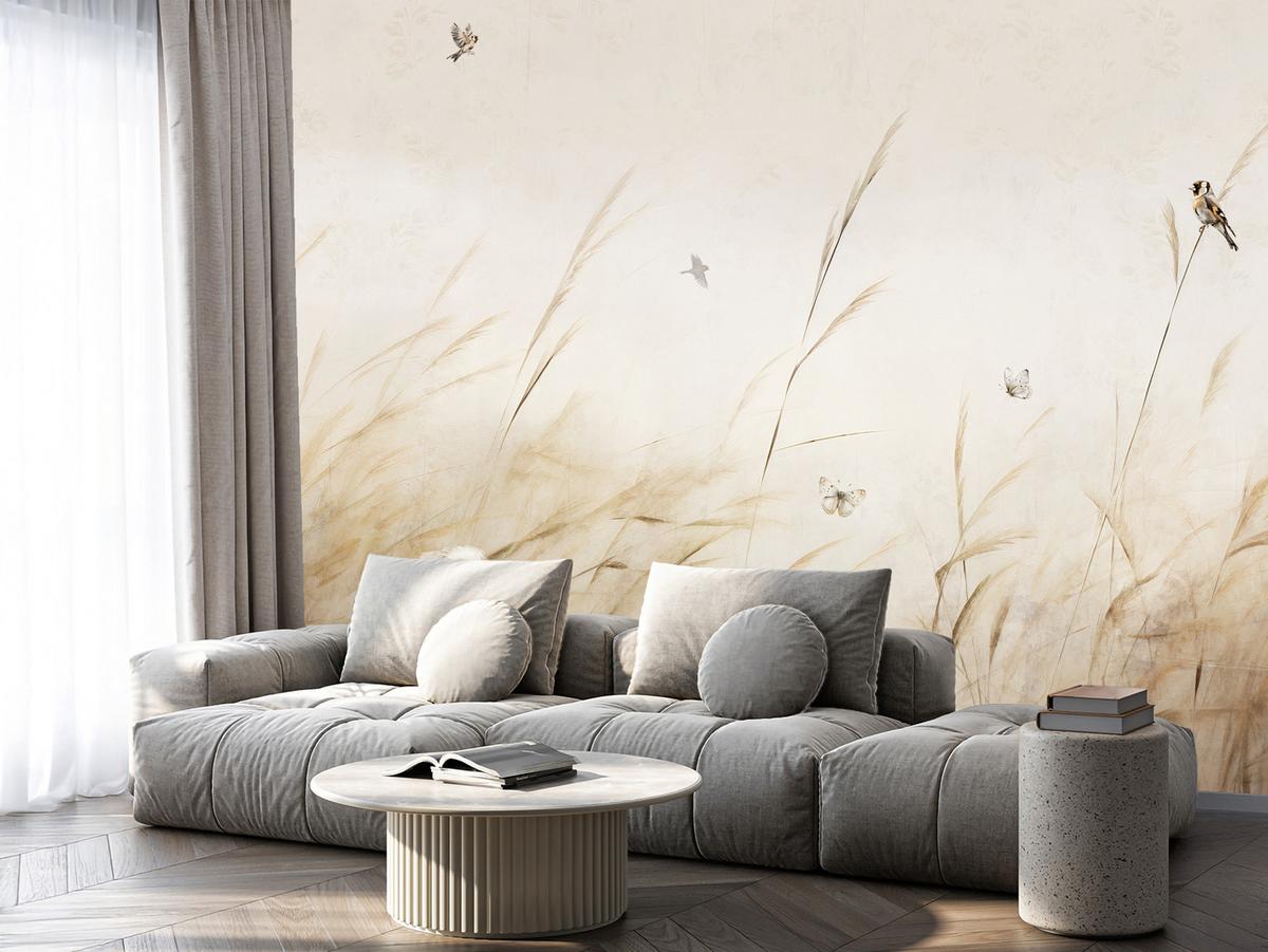 FOTOTAPETE für Schlafzimmer Vögel Storch Hohe Gräser Aquarell 500x350 - Beige/Gelb, Papier (500/350cm) - Muralo