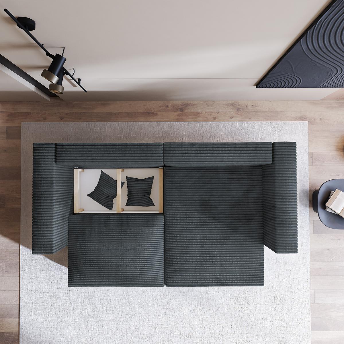 ECKSOFA NERIO Grau Kordstoff mit Schlaffunktion - Grau, Holz (245/148cm) - MASSENO