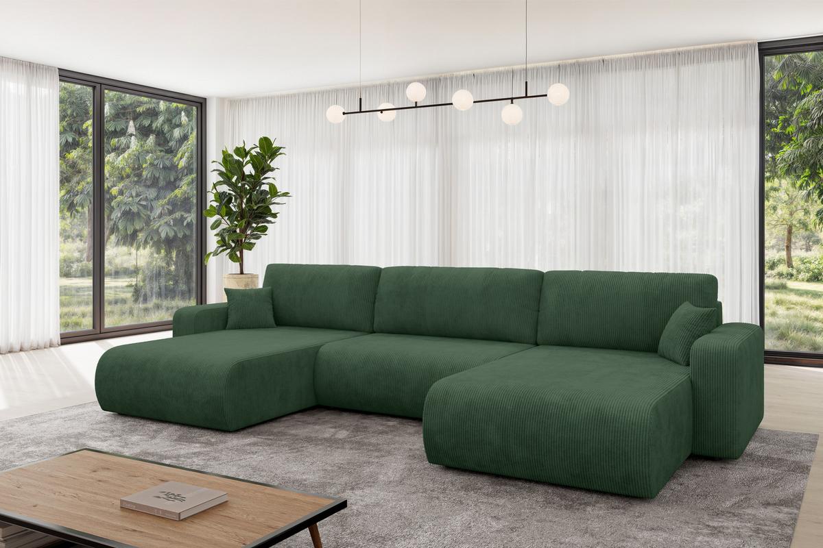 WOHNLANDSCHAFT mit Schlaffunktion und Bettkasten BERY-U 377x193x88 Grün Cord - Dunkelgrün/Schwarz, Holzwerkstoff/Kunststoff (377/88/193cm) - ALTDECOR