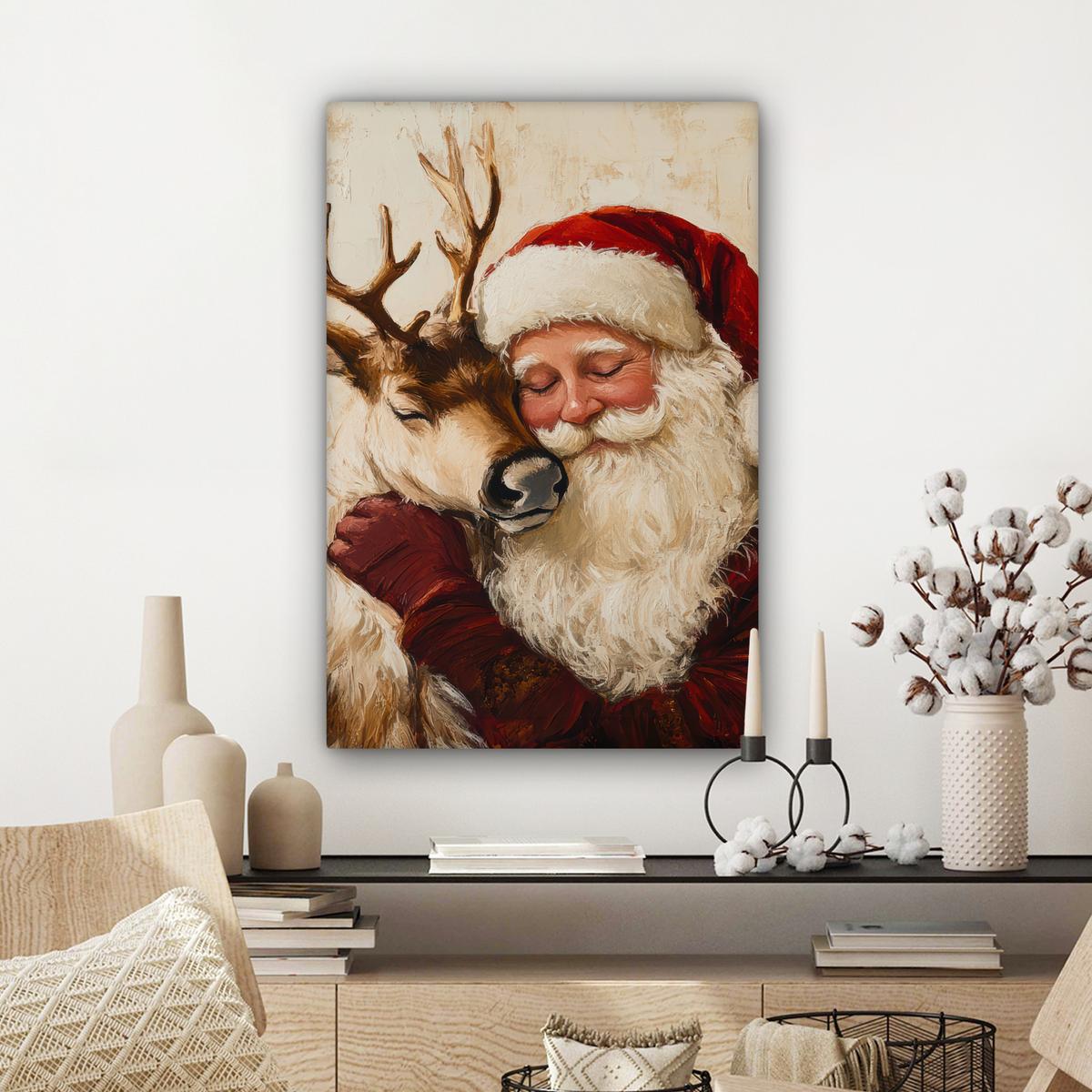 LEINWANDBILD Weihnachtsmann - Rentier - Weihnachten Wanddeko 40x60 cm - Rotbraun, Textil (40/60cm) - MuchoWow