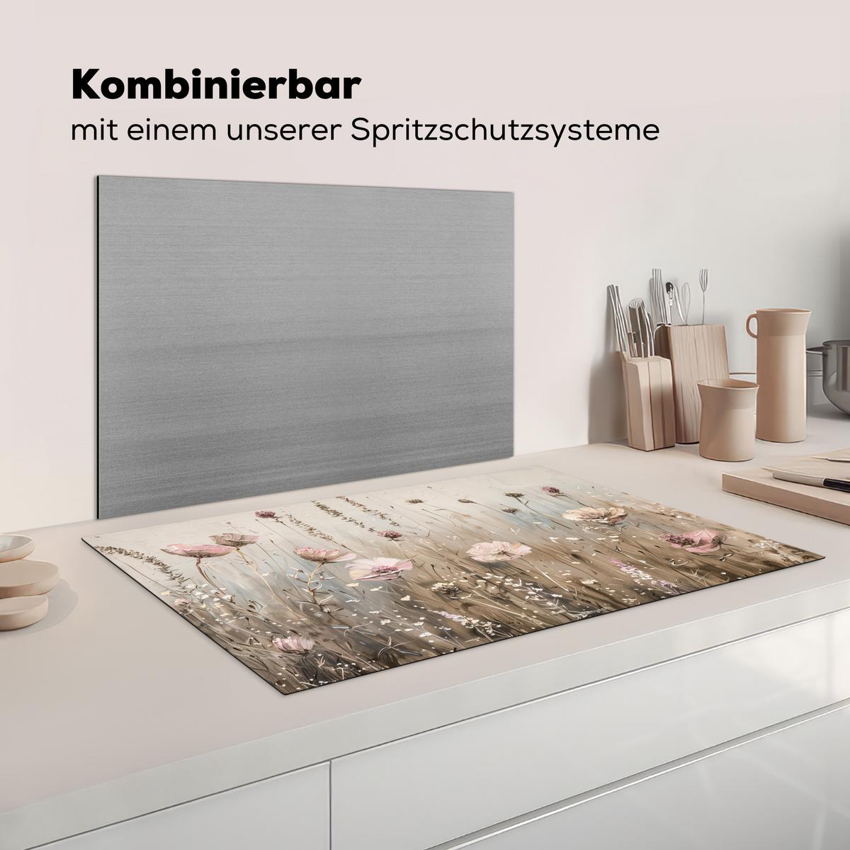 HERDABDECKPLATTE Blumen - Beige - Trockenblumen Induktionsmatte 83x51 cm - Beige, Kunststoff (83/51.5/0.2cm) - MuchoWow