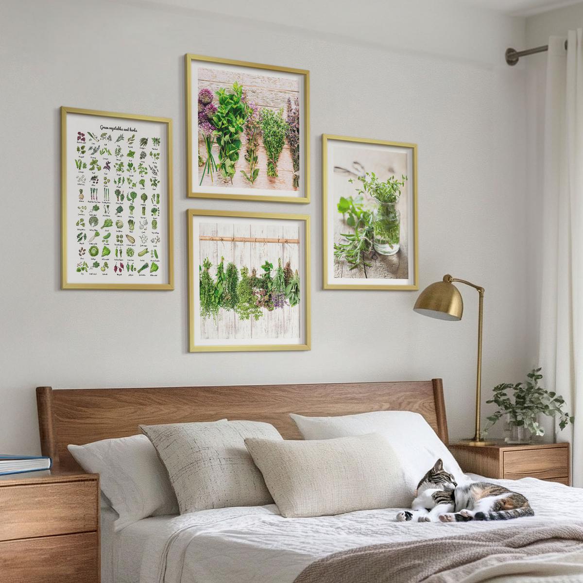 BILDER SET 4er Set - 50x50 cm & 40x60 cm Goldrahmen - Getrocknete Kräuter für die Küche - Goldfarben, Kunststoff (50/50cm) - TULUP