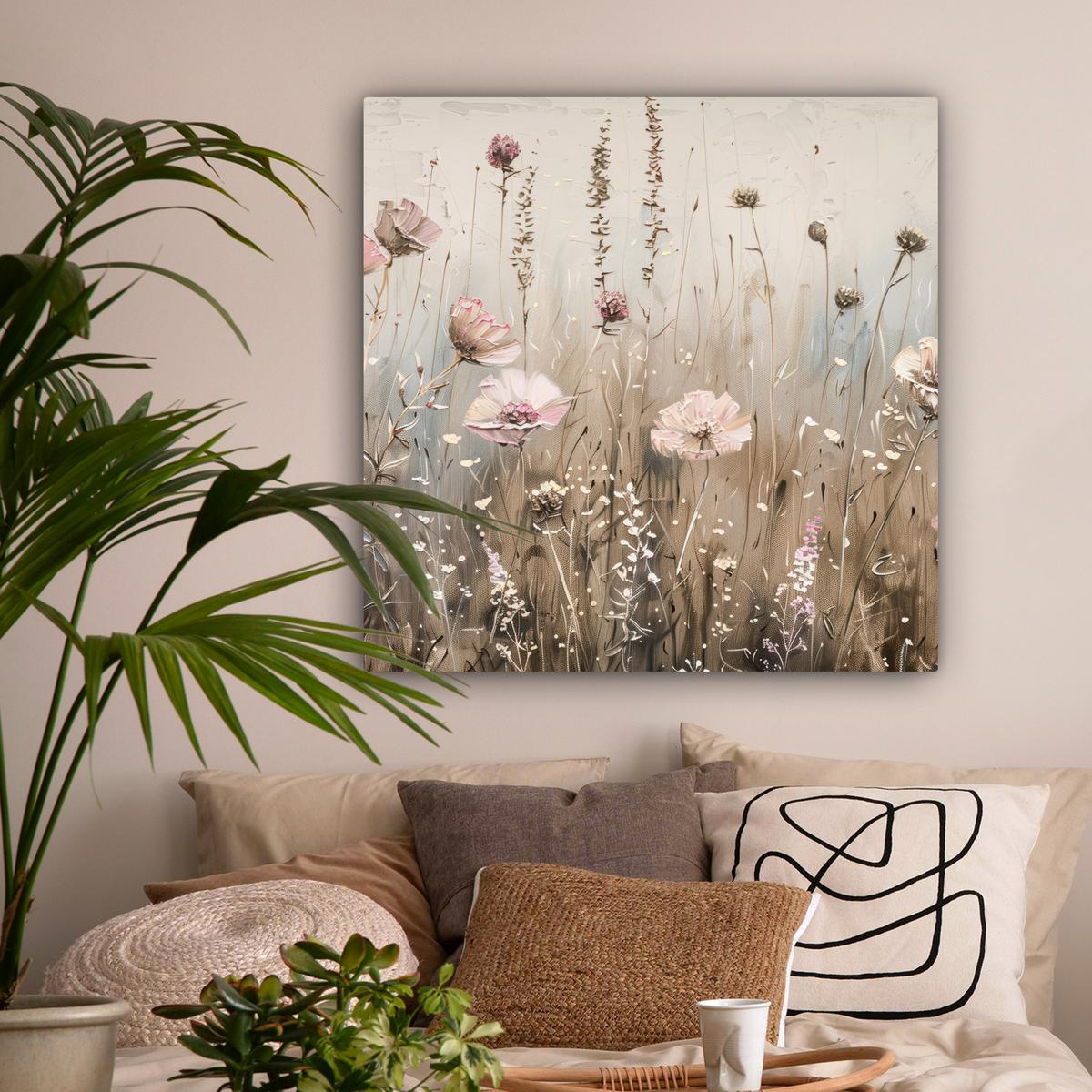 LEINWANDBILD Blumen - Rosa - Modern - Beige Deko Groß 90x90 cm - Beige, Textil (90/90cm) - MuchoWow