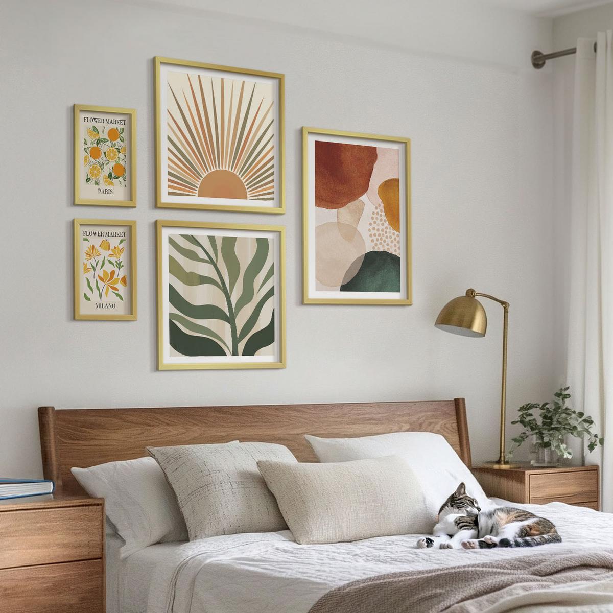BILDER SET 5er Set - 50x50 cm & 20x30 cm & 40x60 cm Goldrahmen - Abstrakte Blumenmotive - Goldfarben, Kunststoff (40/60cm) - TULUP