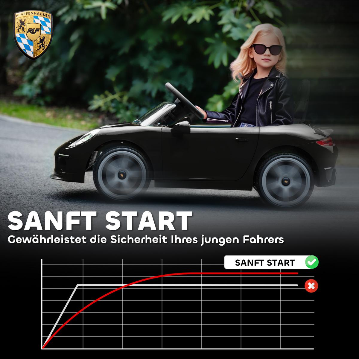 KINDER-ELEKTROAUTO 12V mit 2,4 GHz Fernbedienung, Softstart, Federungssystem - Schwarz, Kunststoff (108/65.5/47cm) - AIYAPLAY